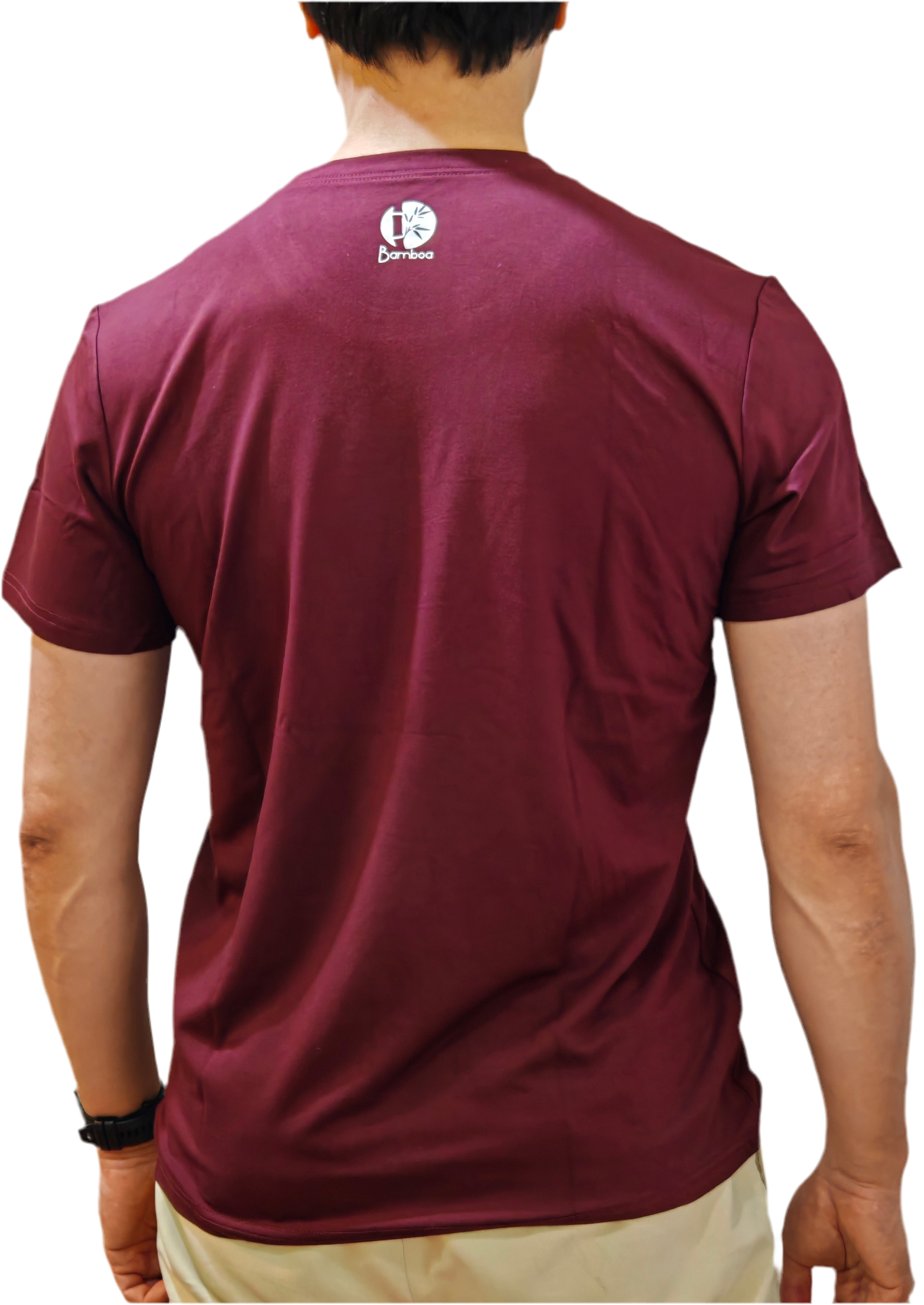 Unisex T in Bordeaux back logo (male model) 