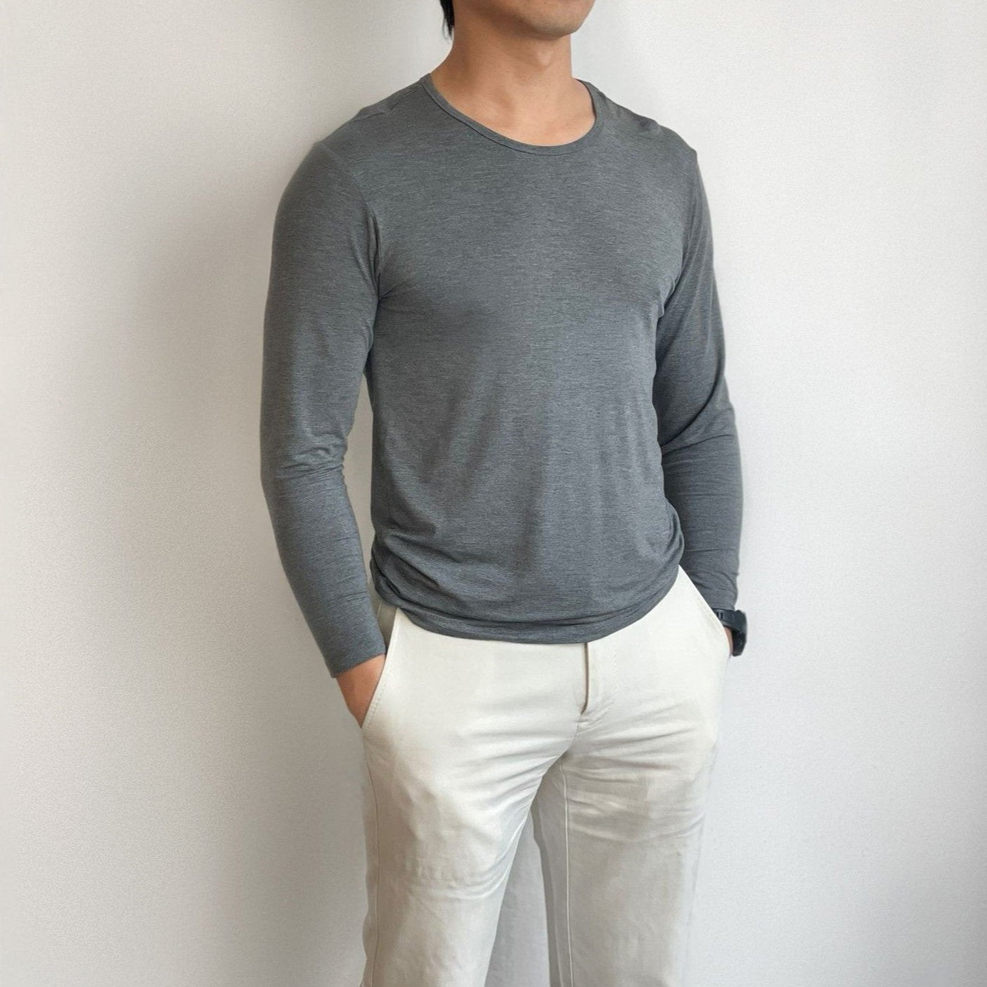 Bamboo tee on hanger, soft texture close-up