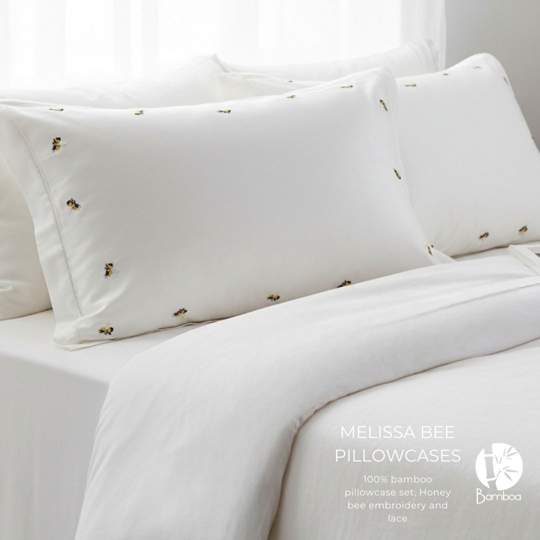 MELISSA - Honey Bee Embroidery and Lace- Bamboo Pillowcases 2 Piece Set