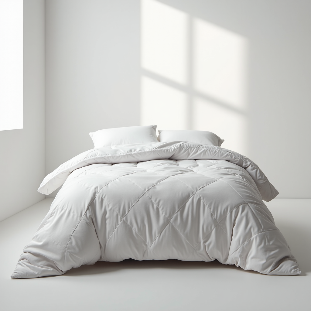 Bamboo duvet comforter and sheets in white minimalist room